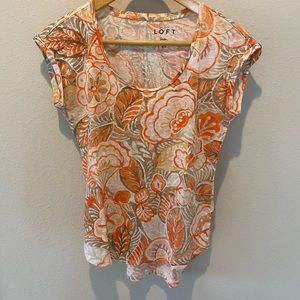 Loft | orange floral linen short sleeve t-shirt | size M petite | gently worn